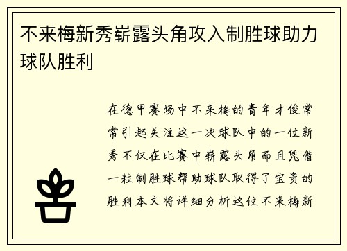 不来梅新秀崭露头角攻入制胜球助力球队胜利