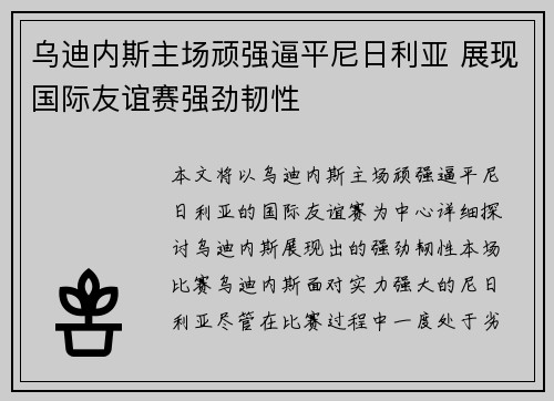 乌迪内斯主场顽强逼平尼日利亚 展现国际友谊赛强劲韧性