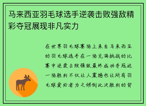 马来西亚羽毛球选手逆袭击败强敌精彩夺冠展现非凡实力