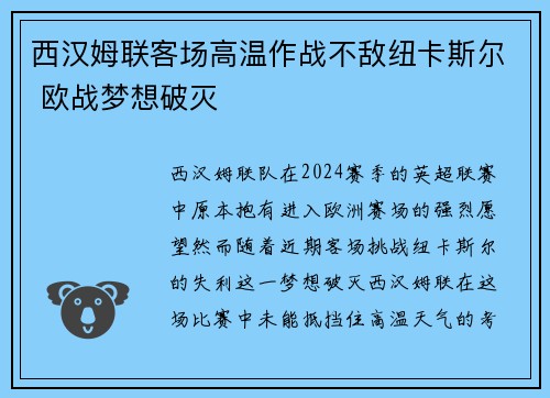 西汉姆联客场高温作战不敌纽卡斯尔 欧战梦想破灭
