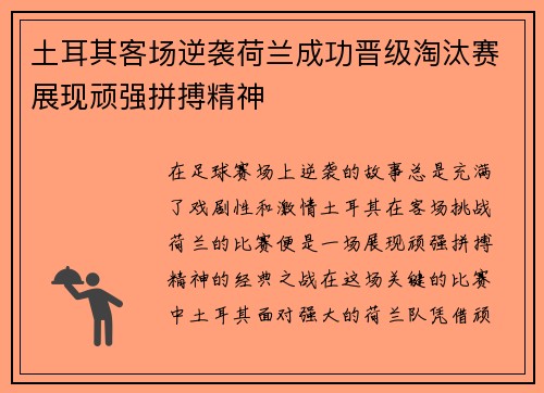土耳其客场逆袭荷兰成功晋级淘汰赛展现顽强拼搏精神