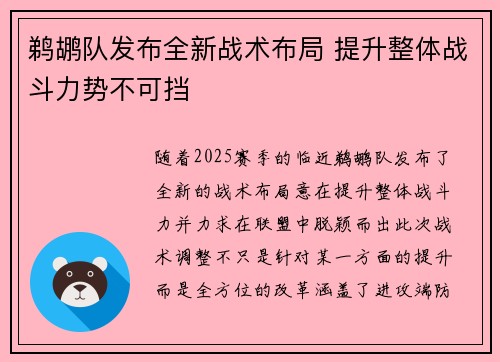 鹈鹕队发布全新战术布局 提升整体战斗力势不可挡